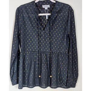Charlie Paige Long Sleeve Cotton Top Blouse Size S Black Gold Tie V-neck